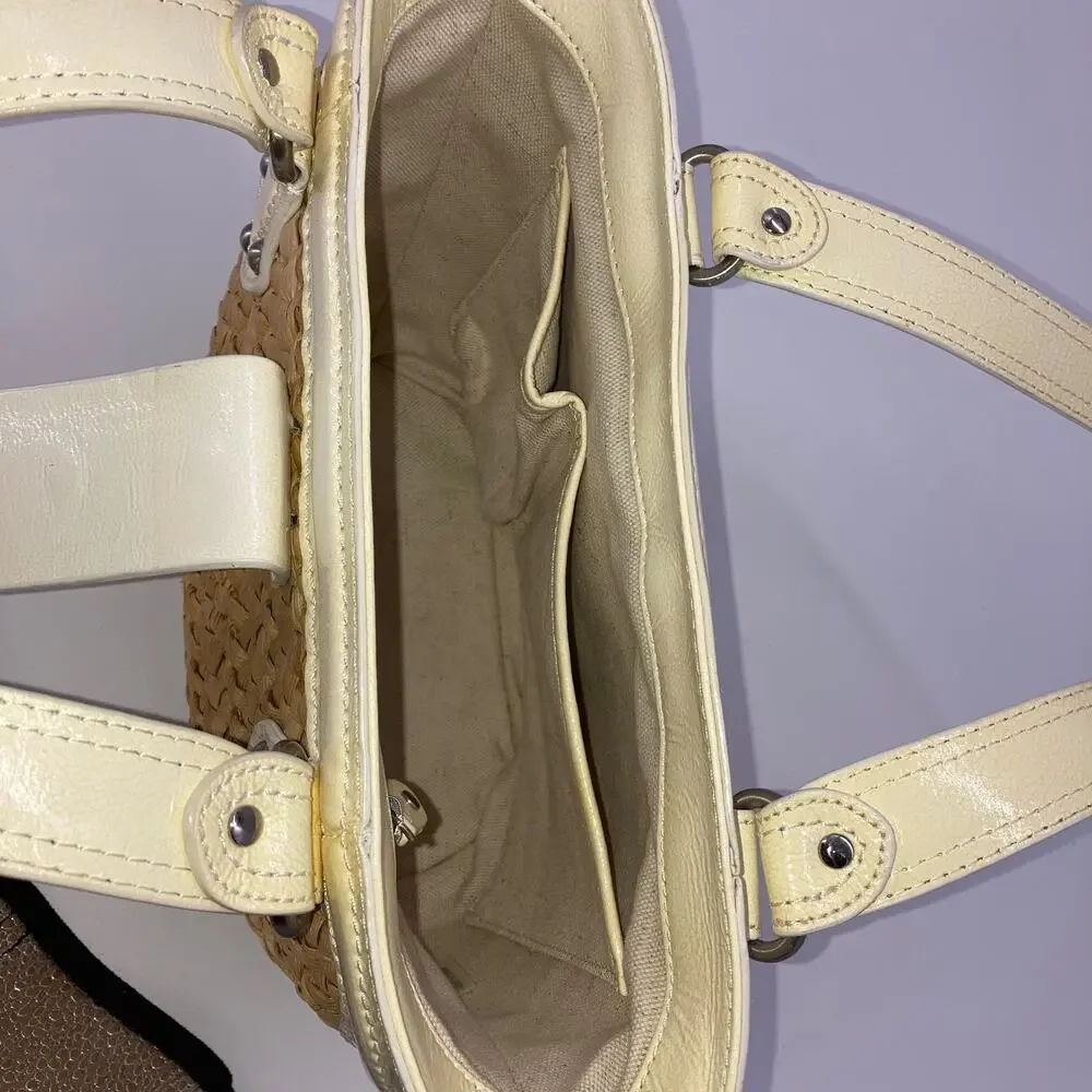 Michael Kors, brown basket weave, patten leather trim